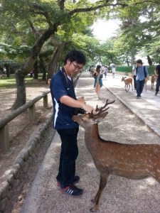 Feeding and petting a deer at Nara